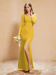 Long Sleeves Mermaid Chiffon Gown with Slit Marigold