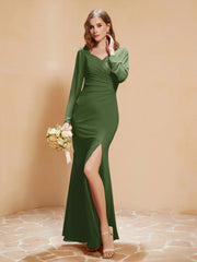 Long Sleeves Mermaid Chiffon Gown with Slit Moss