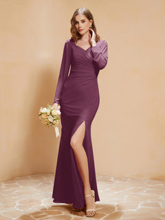 Long Sleeves Mermaid Chiffon Gown with Slit Mulberry