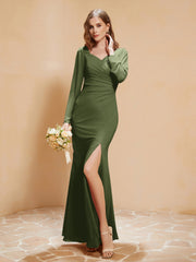 Long Sleeves Mermaid Chiffon Gown with Slit Olive Green