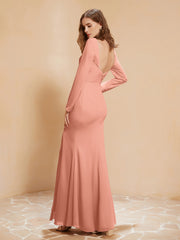 Long Sleeves Mermaid Chiffon Gown with Slit Papaya