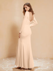 Long Sleeves Mermaid Chiffon Gown with Slit Peach