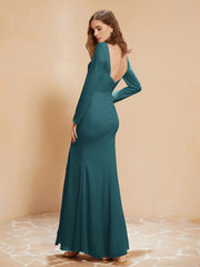 Long Sleeves Mermaid Chiffon Gown with Slit Peacock