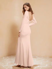Long Sleeves Mermaid Chiffon Gown with Slit Pearl Pink