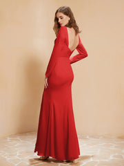 Long Sleeves Mermaid Chiffon Gown with Slit Red