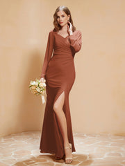 Long Sleeves Mermaid Chiffon Gown with Slit Rust