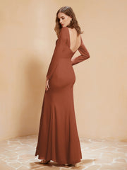 Long Sleeves Mermaid Chiffon Gown with Slit Rust