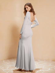 Long Sleeves Mermaid Chiffon Gown with Slit Silver