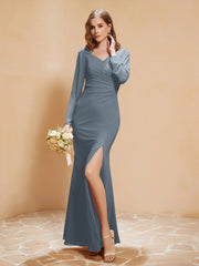 Long Sleeves Mermaid Chiffon Gown with Slit Slate Blue