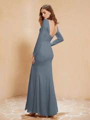 Long Sleeves Mermaid Chiffon Gown with Slit Slate Blue