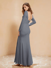 Long Sleeves Mermaid Chiffon Gown with Slit Steel Grey