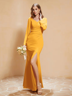 Long Sleeves Mermaid Chiffon Gown with Slit Tangerine