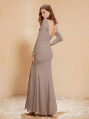 Long Sleeves Mermaid Chiffon Gown with Slit Taupe
