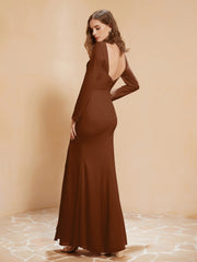 Long Sleeves Mermaid Chiffon Gown with Slit Terracotta