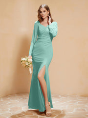 Long Sleeves Mermaid Chiffon Gown with Slit Turquoise