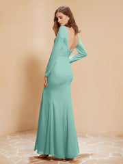 Long Sleeves Mermaid Chiffon Gown with Slit Turquoise