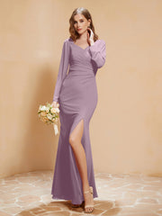 Long Sleeves Mermaid Chiffon Gown with Slit Vintage Mauve