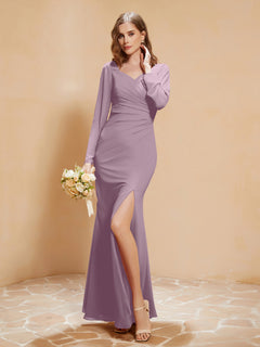Long Sleeves Mermaid Chiffon Gown with Slit Vintage Mauve