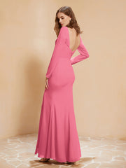 Long Sleeves Mermaid Chiffon Gown with Slit Watermelon