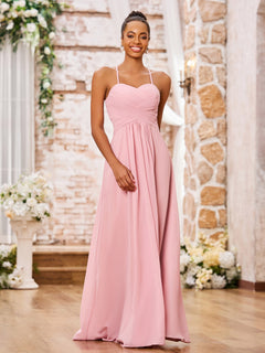 Gorgeous Spaghetti Straps Cross Pleated Chiffon Long Dresses Flamingo