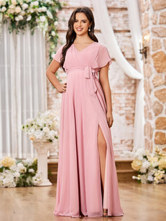 A-line V-neck Cap Sleeves Chiffon Maxi Dresses with Slit Clover