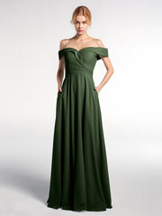 Off Shoulder Circle Skirt Dress with Pockets Olive Green