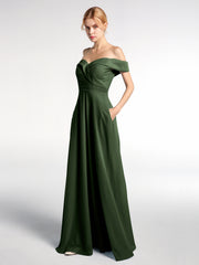 Off Shoulder Circle Skirt Dress with Pockets Olive Green