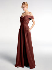 Off Shoulder Circle Skirt Dress with Pockets Terracotta