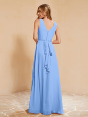 Empire Sleeveless Bridesmaid Gown with Bowknot Blue