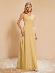 Empire Sleeveless Bridesmaid Gown with Bowknot Gold
