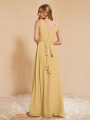 Empire Sleeveless Bridesmaid Gown with Bowknot Gold