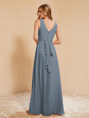 Empire Sleeveless Bridesmaid Gown with Bowknot Slate Blue