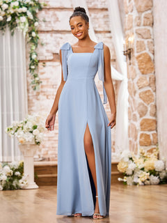 Cute Double Bows Straps Square Neck Chiffon Dresses with Slit Dusty Blue