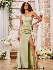 Sheath One Shoulder High Slit Sexy Dresses with Train Dusty Sage
