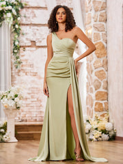 Sheath One Shoulder High Slit Sexy Dresses with Train Dusty Sage