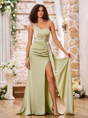 Sheath One Shoulder High Slit Sexy Dresses with Train Dusty Sage