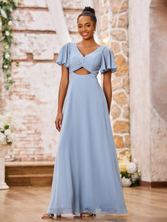 Elegant A-line V-neck Chiffon Long Dresses with Cap Sleeves Dusty Blue