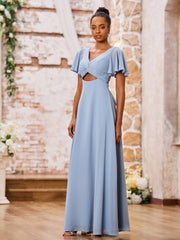Elegant A-line V-neck Chiffon Long Dresses with Cap Sleeves Dusty Blue