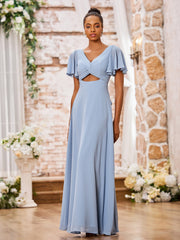 Elegant A-line V-neck Chiffon Long Dresses with Cap Sleeves Dusty Blue