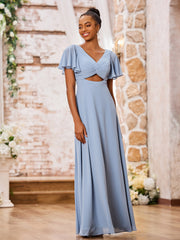 Elegant A-line V-neck Chiffon Long Dresses with Cap Sleeves Dusty Blue