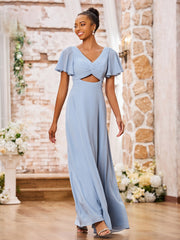 Elegant A-line V-neck Chiffon Long Dresses with Cap Sleeves Dusty Blue
