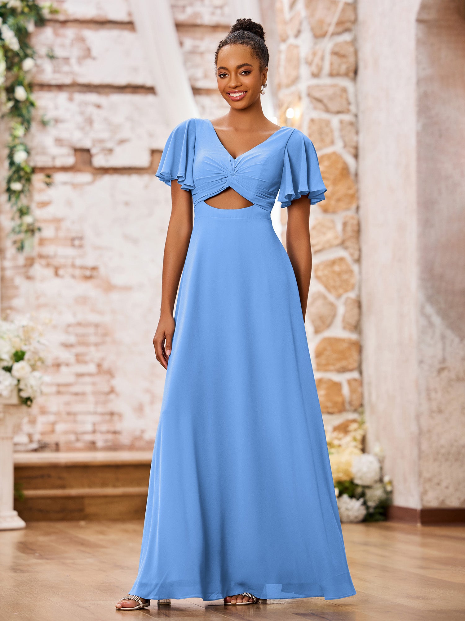 BABARONI Chiffon Blue Bridesmaid Dresses A-line V-neck Floor-length ...