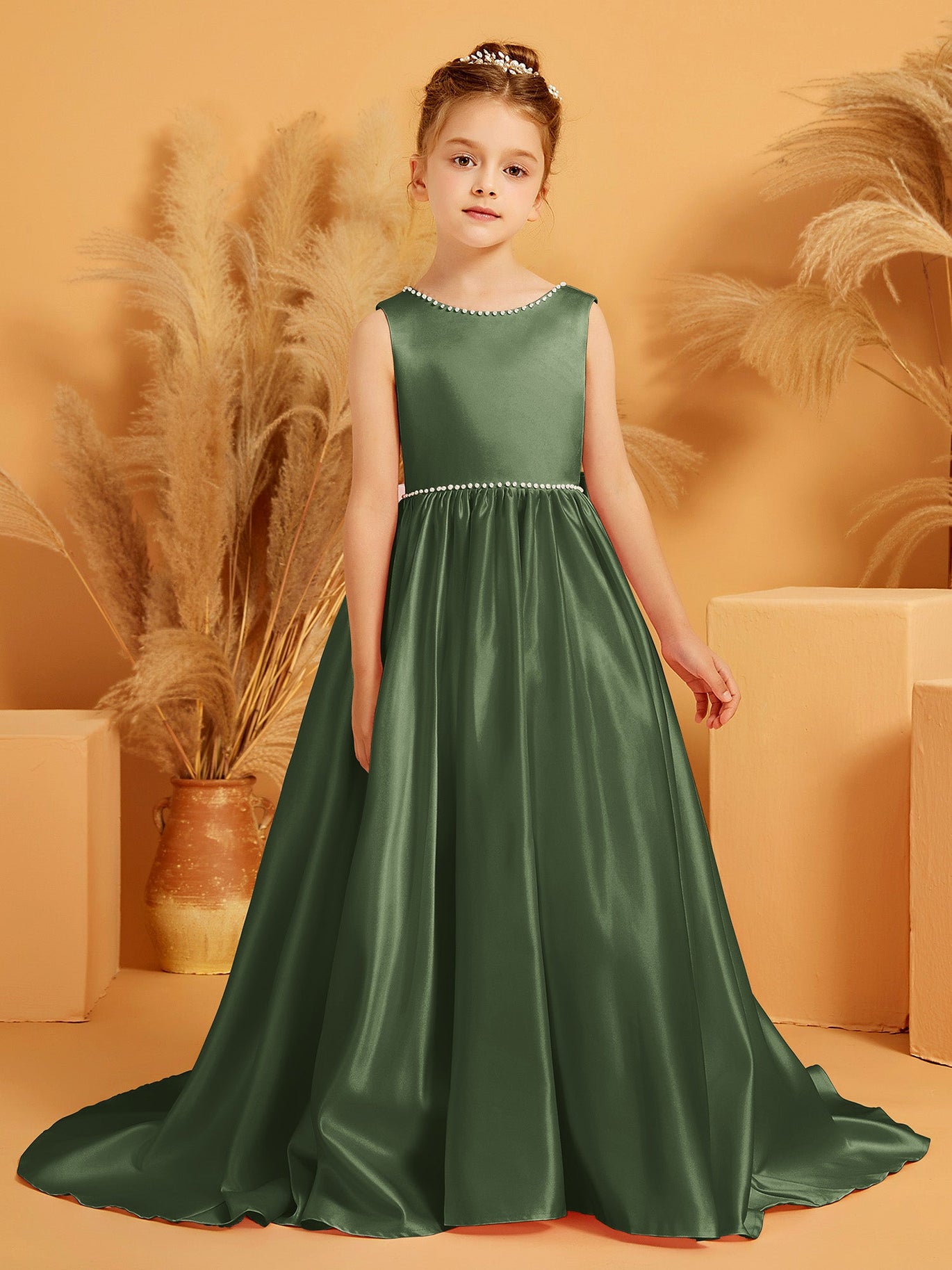 green emerald velvet dress Olive Green Satin Frock With Floral Embellishment For Girls – Lagorii Kids main image 0