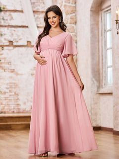 Elegant A-line V-neck Cap Sleeves Empire Chiffon Maxi Dresses Flamingo