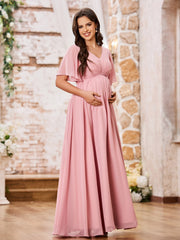 Elegant A-line V-neck Cap Sleeves Empire Chiffon Maxi Dresses Dusty Rose