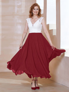 V-neck Tea-Length Chiffon Dress With Pockets Burgundy