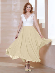 V-neck Tea-Length Chiffon Dress With Pockets Champagne
