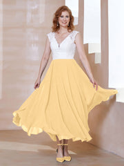 V-neck Tea-Length Chiffon Dress With Pockets Gold