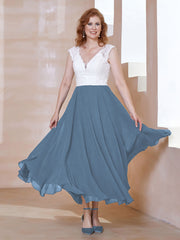 V-neck Tea-Length Chiffon Dress With Pockets Slate Blue