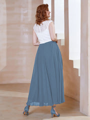 V-neck Tea-Length Chiffon Dress With Pockets Slate Blue